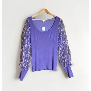 Cato Purple Fitted Sweater 18/20 Butterfly Sheer Long Sleeve Scoop Neck NWT